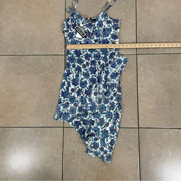 NEW Angie Rosette Trim Bodice Asymmetrical Hem Floral Dress Blue Multi Size L - Picture 6 of 7